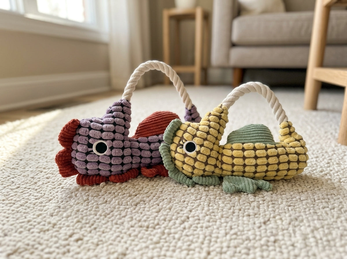 Squeaky Corduroy Fish Rope Tug Dog Toy