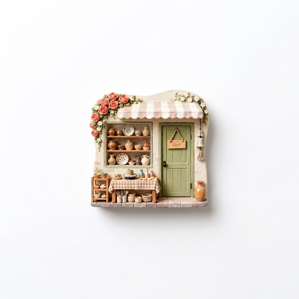 Tiny Pottery Shop 3D resin fridge magnet by Linura Studio, miniature cottage storefront with striped awning, climbing roses and sage green door