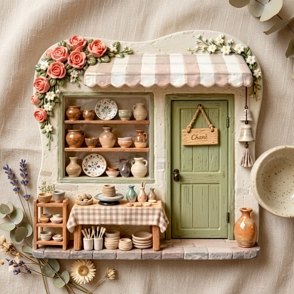 Cottagecore 3D refrigerator magnet, hand-detailed pottery shop scene in cream and sage green