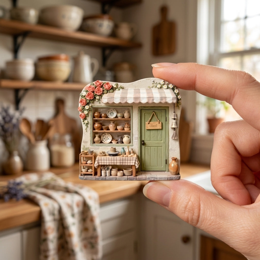 Linura Studio miniature storefront fridge magnet, detailed resin relief, about 3 inches tall