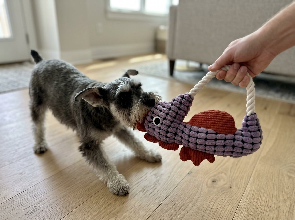 Squeaky Corduroy Fish Rope Tug Dog Toy