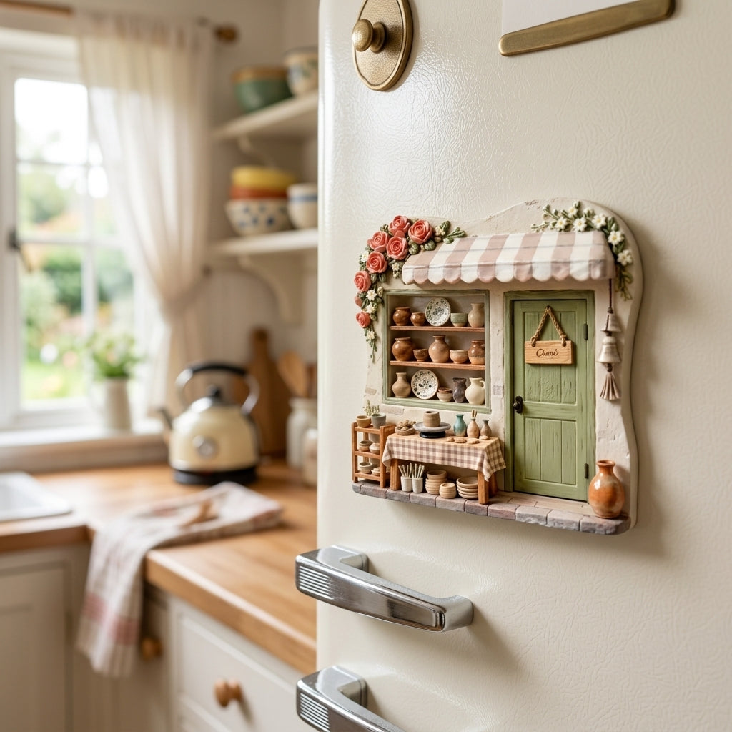Miniature pottery shop fridge magnet with sculpted 3D shelves of tiny ceramics and gingham table