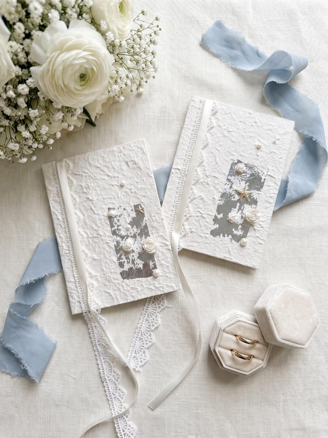 Lace vow book set with silver leaf, pearl roses and starfish on handmade paper